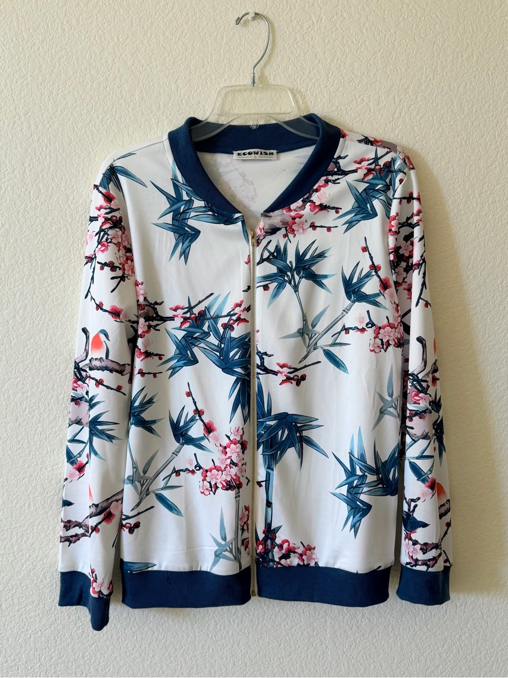 Floral Bomber Light Jacket - White with Navy Trim (Large)
